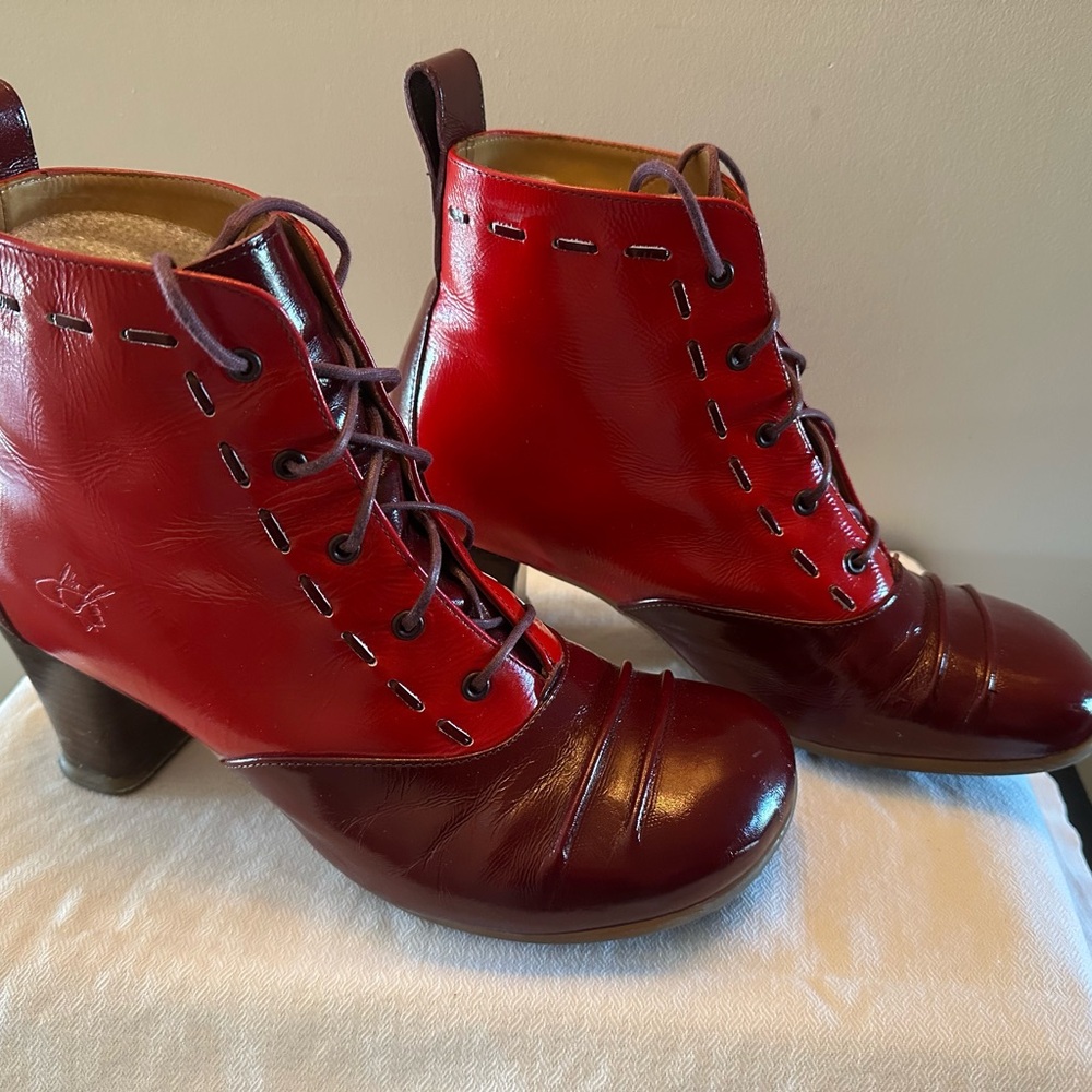 John Fluevog Red and Burgundy Operetta Lace Up Boots
